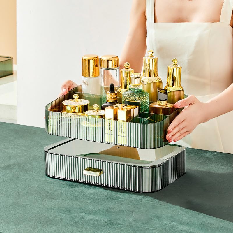 Dezzer green vanity display case shows cosmetics with a clean look