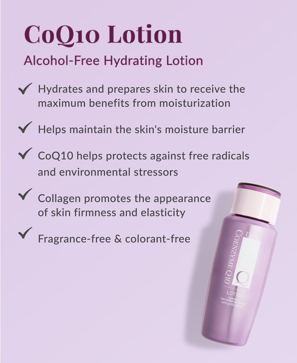 DHC CoQ10 Lotion bottle angled view highlights fast absorption.