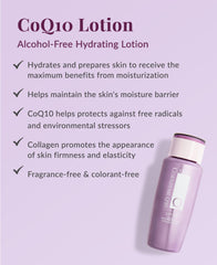 DHC CoQ10 Lotion bottle angled view highlights fast absorption.
