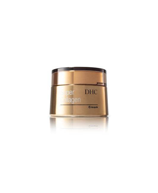 DHC Super Collagen Cream jar close-up with fragrance-free hydration for all skin types.