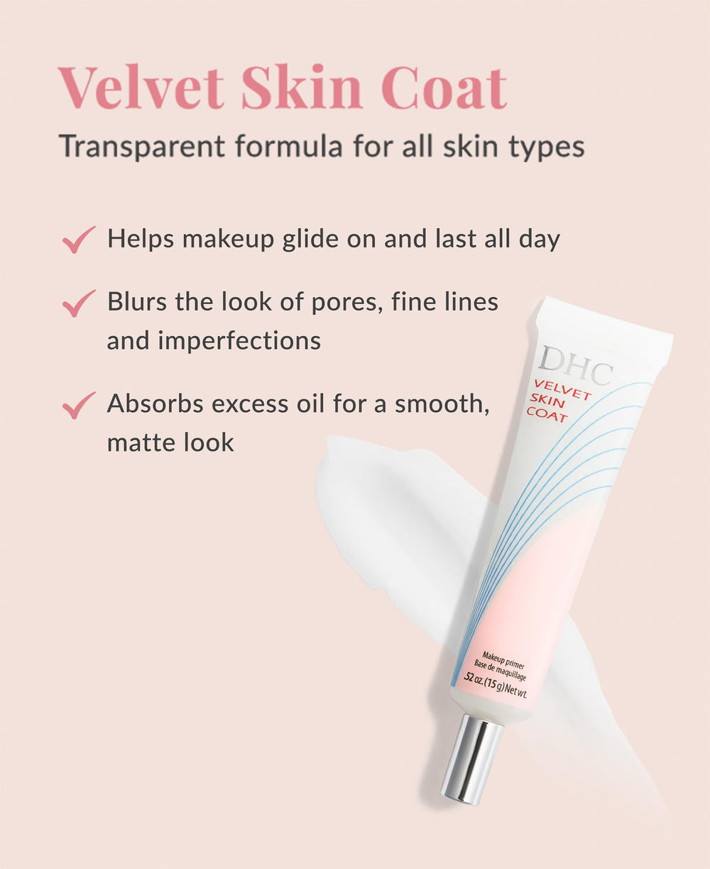 DHC Velvet Skin Coat bottle close-up highlights silica-infused formula.