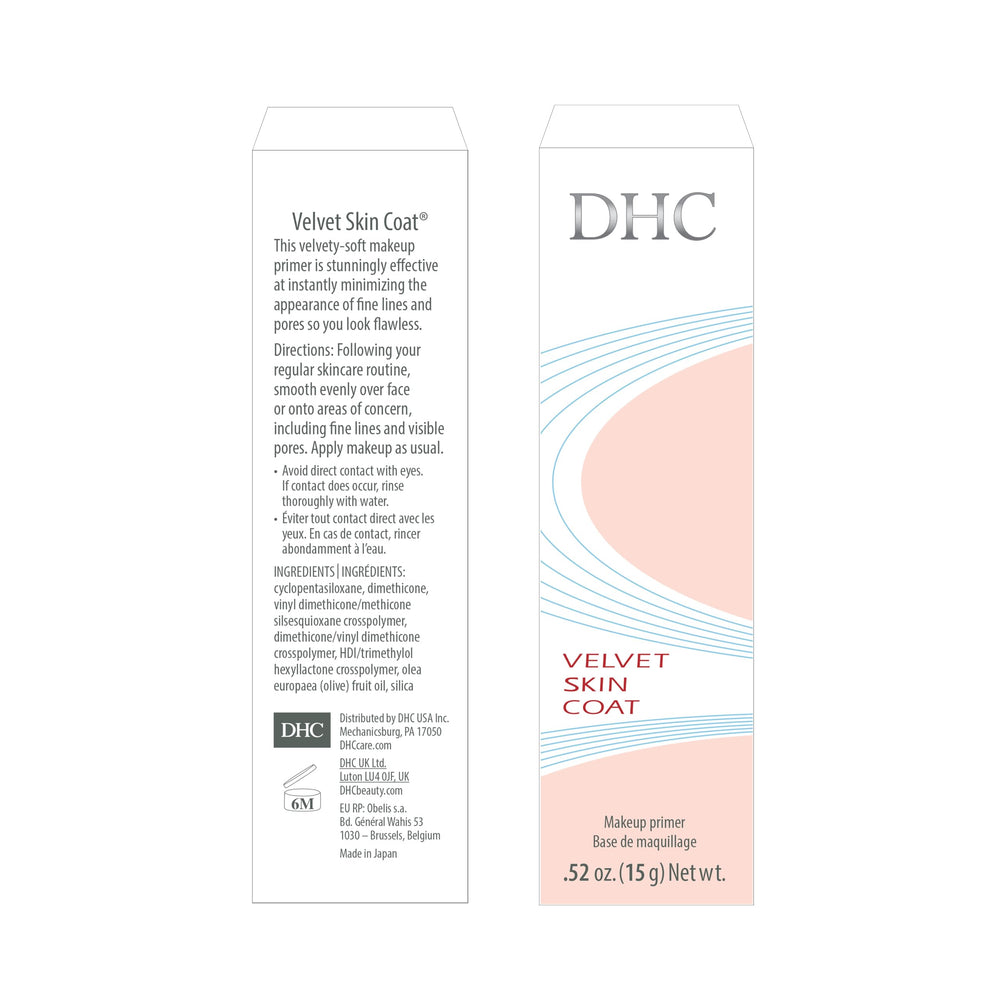 DHC Velvet Skin Coat gel-texture swirls illustrate a transparent formula.
