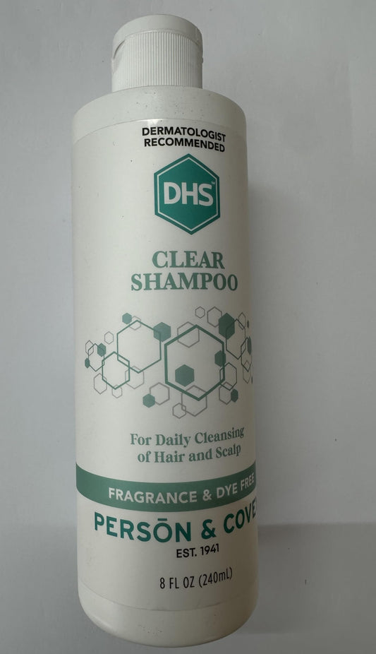 DHS Clear Shampoo bottle front view, fragrance-free formula ideal for sensitive scalps