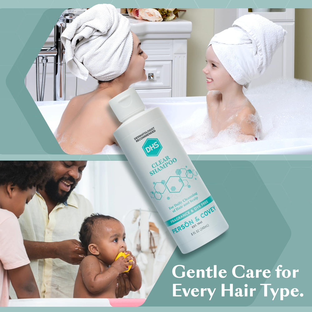 DHS Clear Shampoo in shower setup conveys easy, daily use.