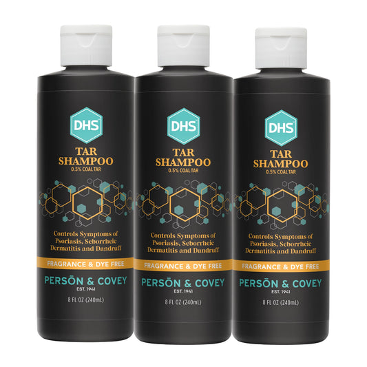 DHS coal tar shampoo bottle shown for dandruff and itchy scalp relief.