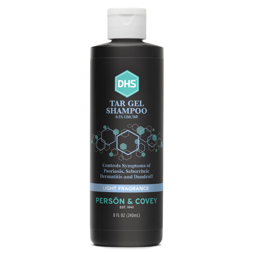 DHS T Gel Shampoo bottle highlighting refined coal tar for deep scalp cleansing.