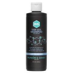 DHS T Gel Shampoo bottle highlighting refined coal tar for deep scalp cleansing.