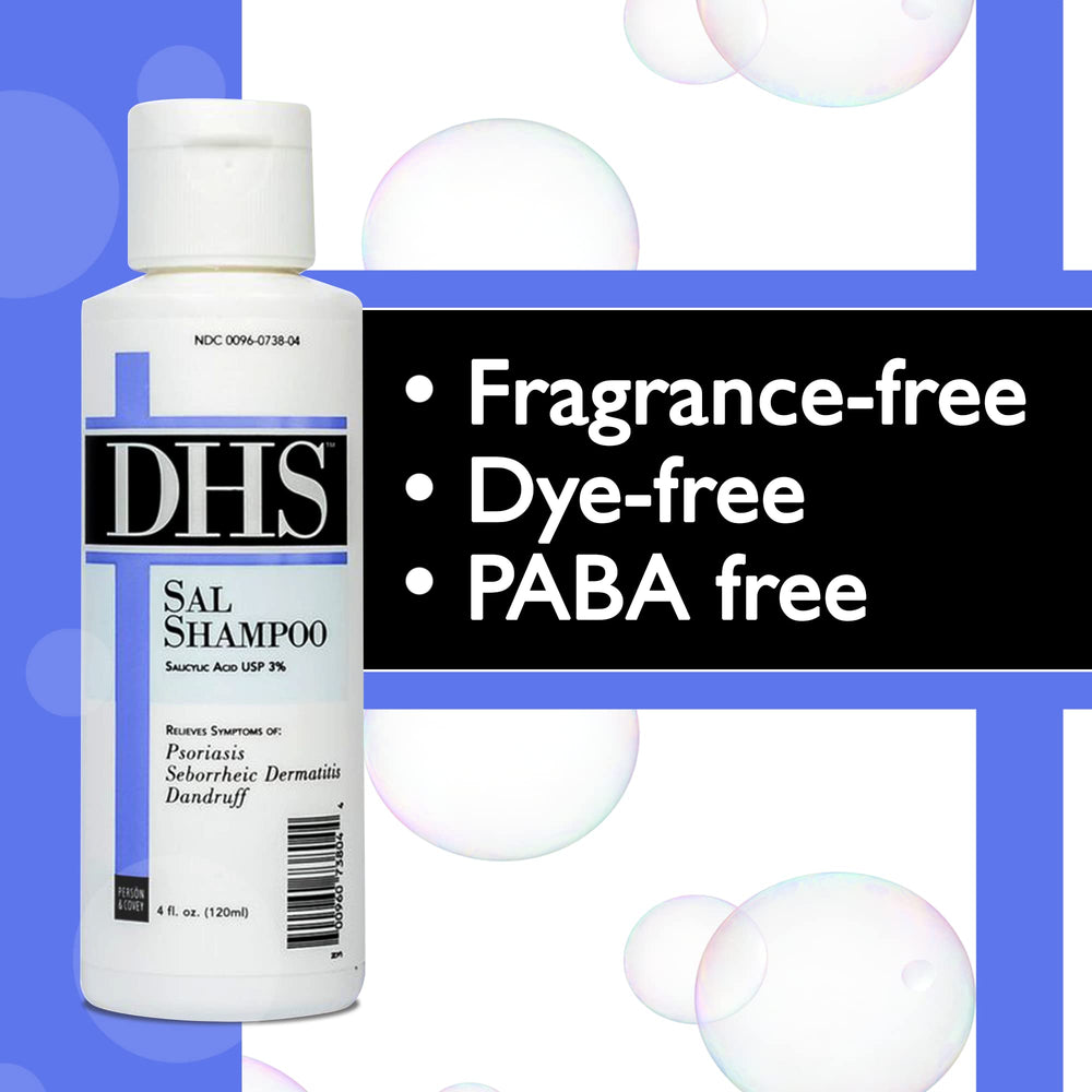 DHS SAL Shampoo 4oz packaging, fragrance-free and PBA-free