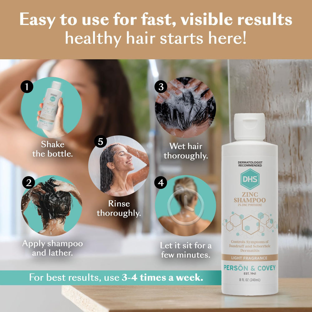 DHS Zinc Shampoo bathroom shelf display implies easy integration into weekly routine