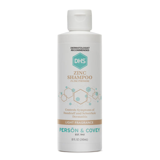 DHS Zinc Shampoo bottle front showing 8 oz size for regular scalp care against flakes