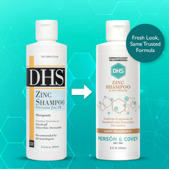DHS Zinc Shampoo label front closeup highlighting zinc pyrithione formula for dandruff management