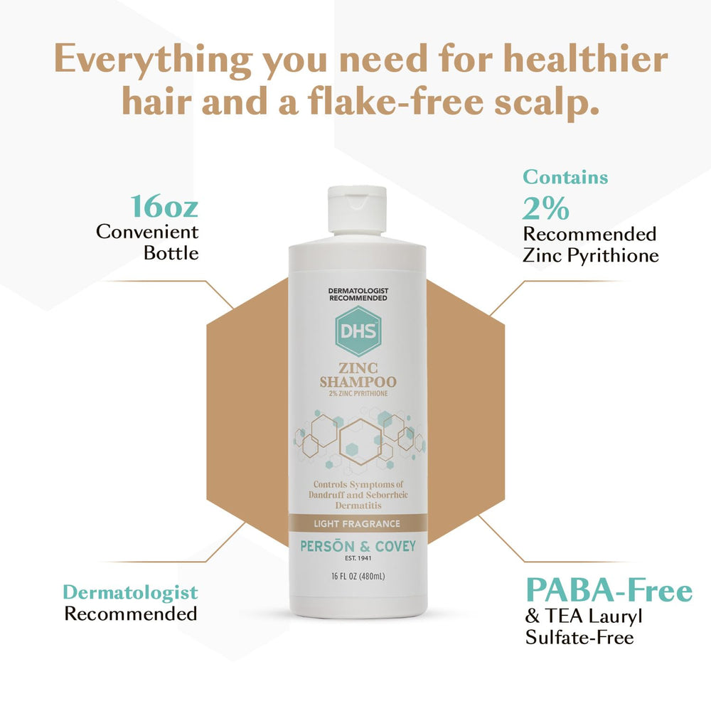 DHS Zinc Shampoo label front highlights panthenol for added conditioning.
