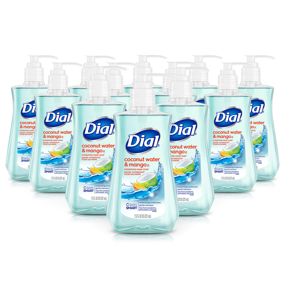 Dial Coconut Water Mango hand soap bottle showing tropical fragrance for daily cleansing.