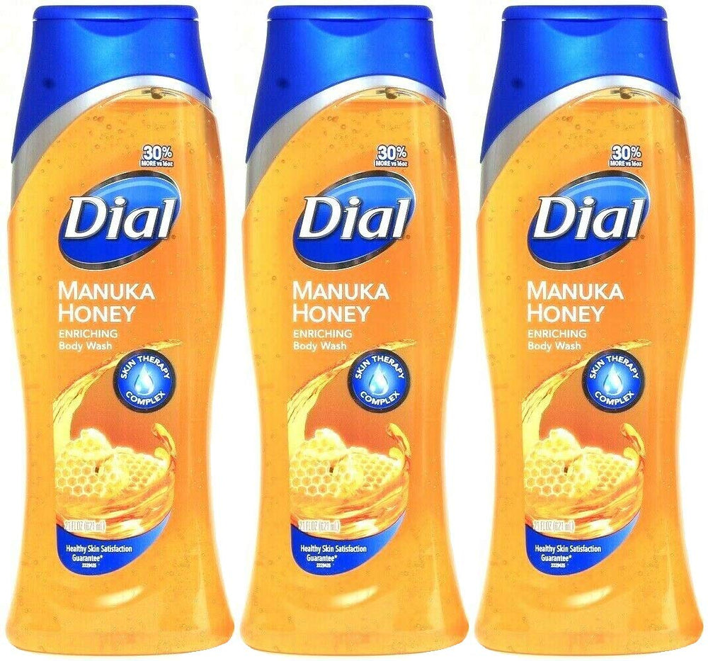 Dial Manuka Honey Enriching Body Wash bottle pouring, skin refreshed and softly scented.