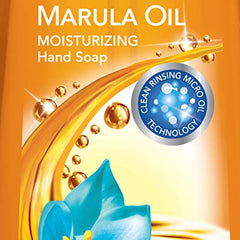 Dial Marula Oil hand soap bottle back view with ingredient highlights for skin care.