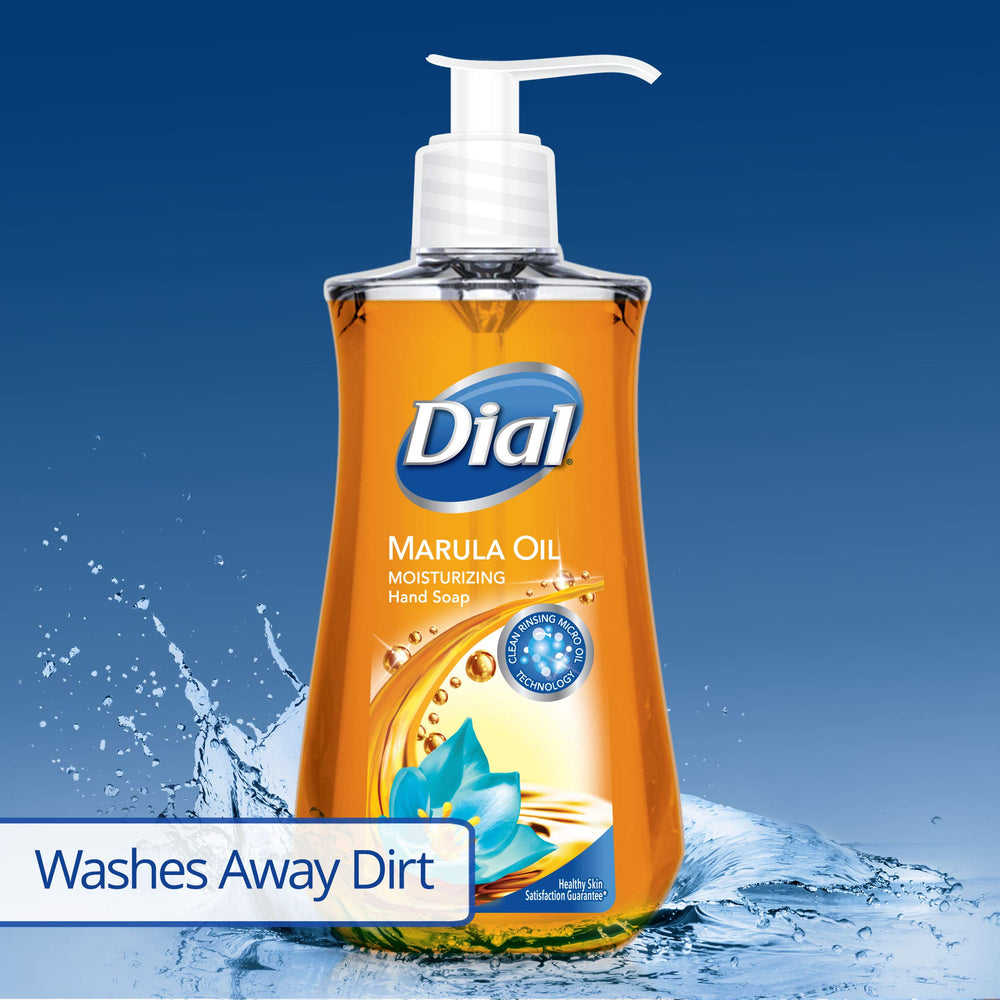 Dial Marula Oil hand soap lather on hands demonstrating smooth, moisturizing cleanse.