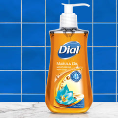 Dial Marula Oil hand soap packaging and four-pack display for home use.