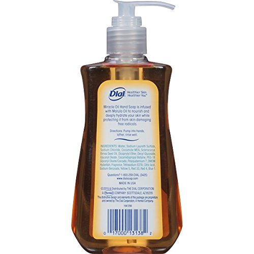 Dial Marula Oil hand soap pump in use, dispensing rich lather for daily cleaning.