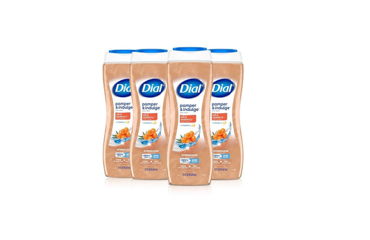 Dial Pamper & Indulge Silk & Seaberry bottle front for a luxurious shower