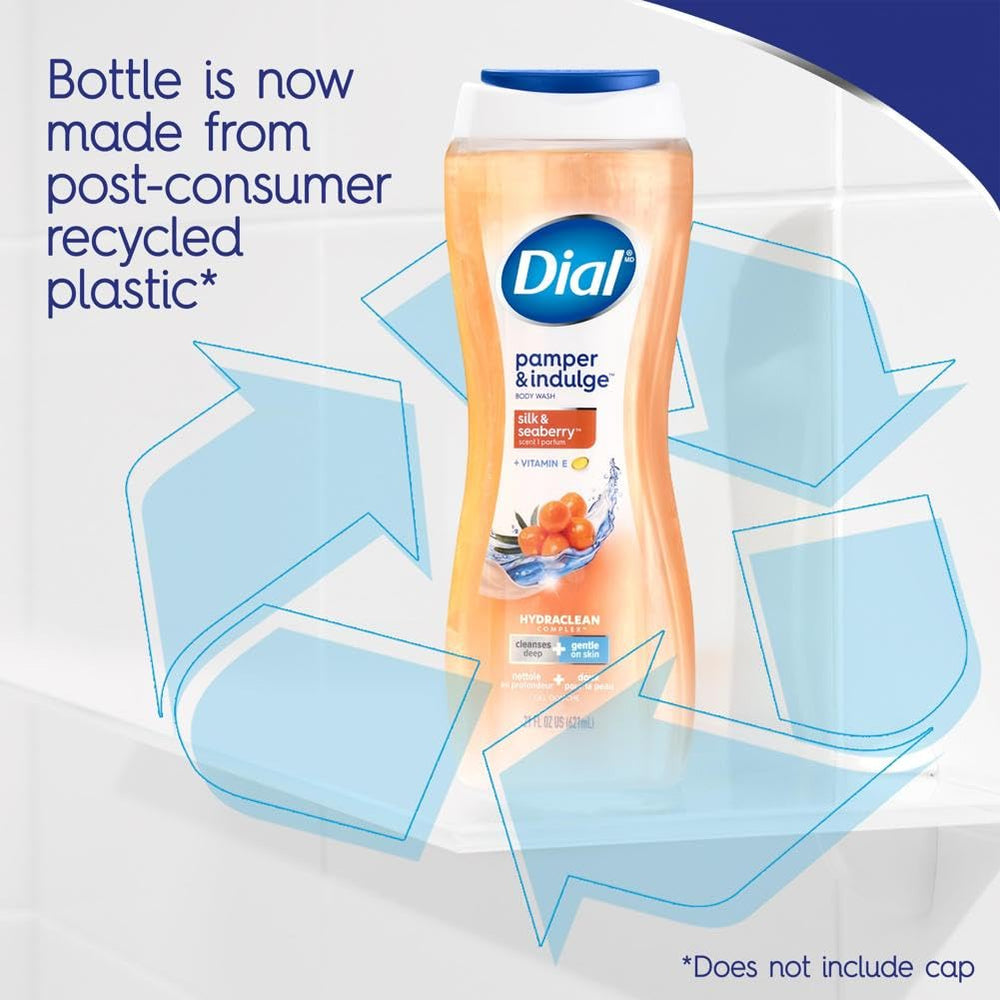 Dial Pamper & Indulge Silk & Seaberry bottle cap and seal convey freshness