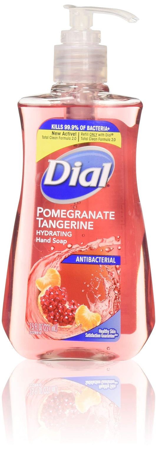 Dial Pomegranate & Tangerine hand soap bottles in a four-pack for family use.