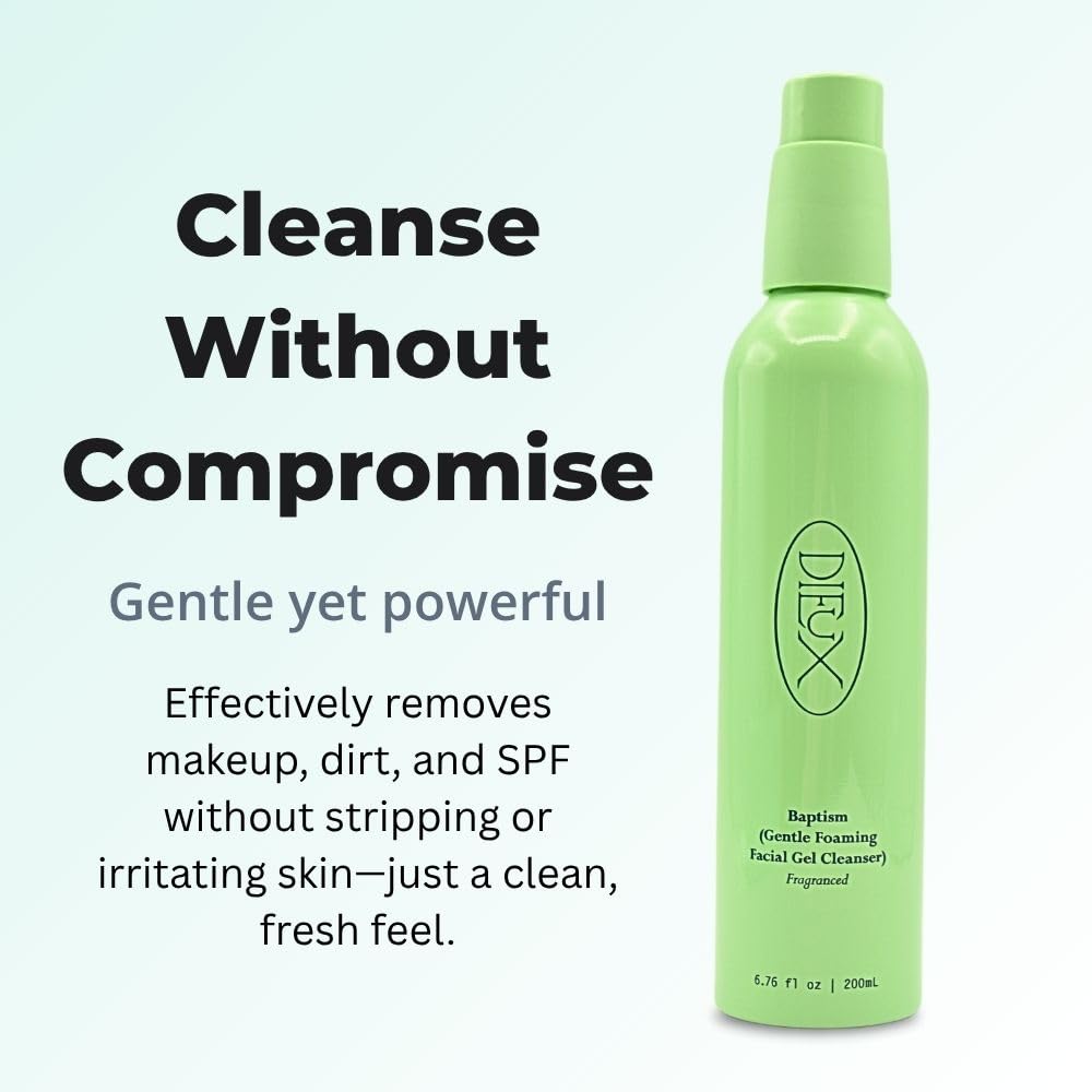 Dieux Baptism hydrating formula highlights 10% glycerin for lasting moisture.