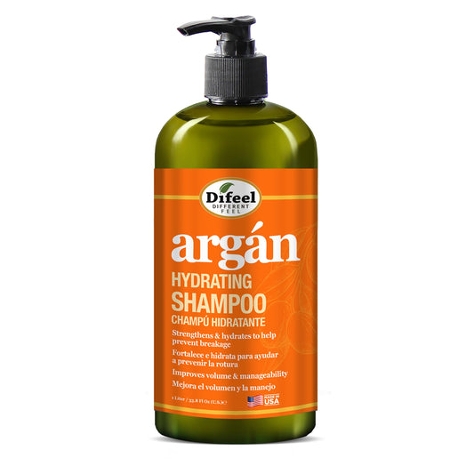 Difeel Argan Hydrating Shampoo bottle on bathroom counter for daily hydration