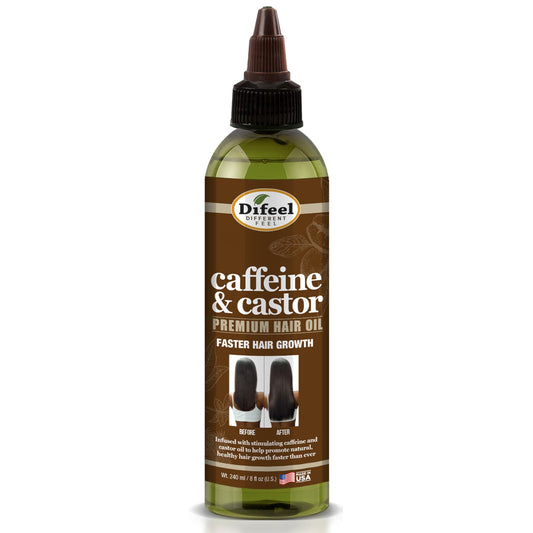 Two-pack Difeel caffeine castor oil bottles showcased for fortifying hair routines.