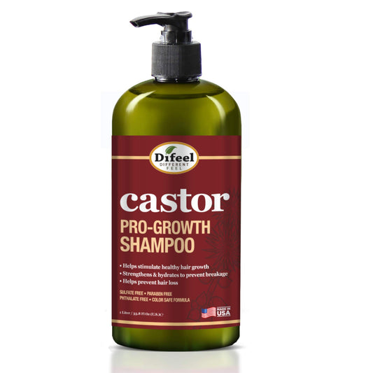 Difeel Castor Pro-Growth Shampoo bottle showing the vitamin-rich formula for fuller hair