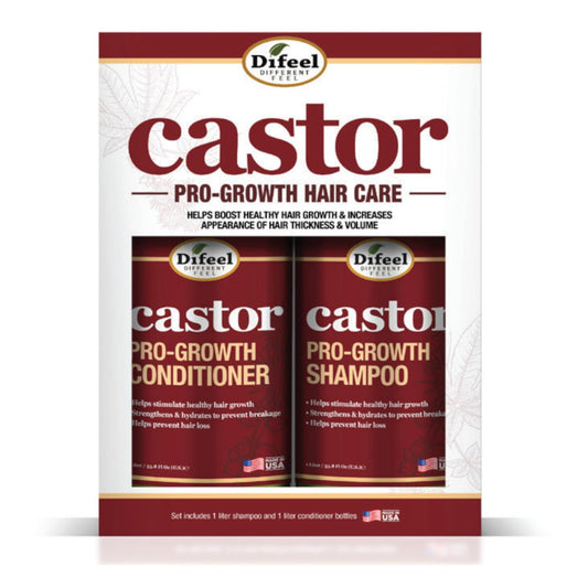 Difeel Castor Pro-Growth Shampoo bottle pump, vitamin-rich formula for thicker-looking hair.