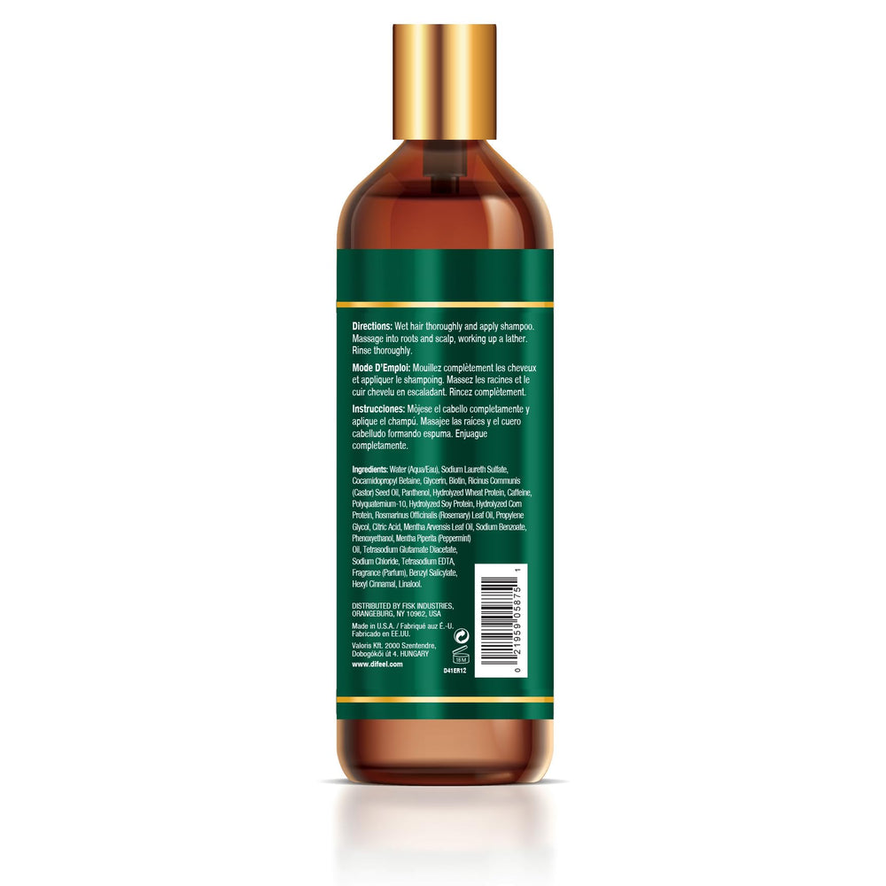 Difeel Elevated Rosemary Mint Shampoo bottle back view with usage tips