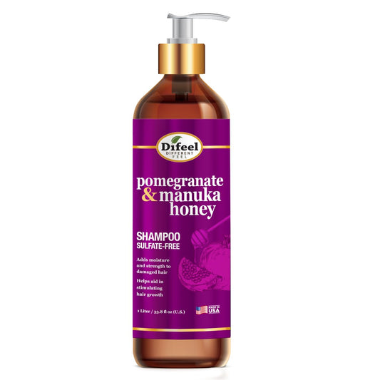 Difeel shampoo bottle highlights moisturizing pomegranate and honey formula.