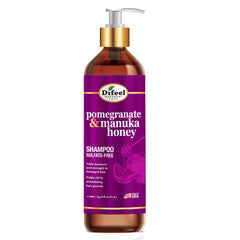 Difeel shampoo bottle highlights moisturizing pomegranate and honey formula.