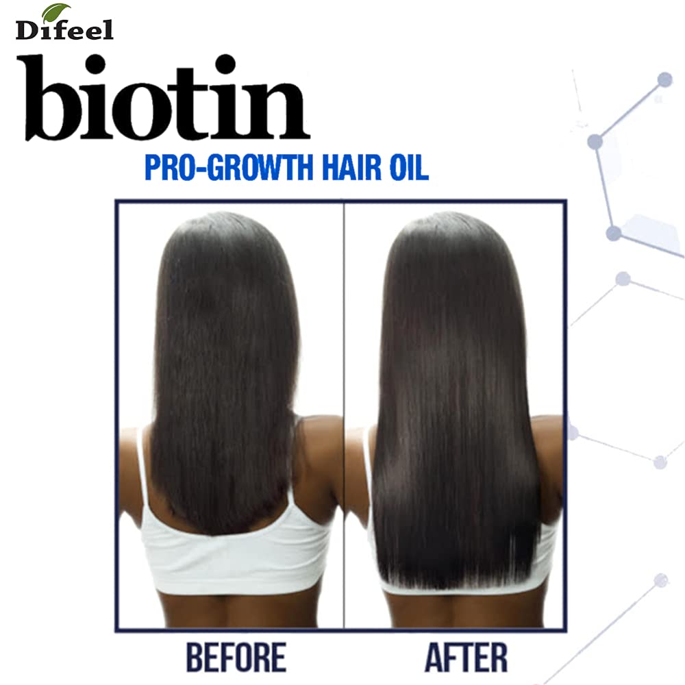 Close-up of Difeel ProGrowth Biotin Hair Oil label highlighting biotin hair care branding