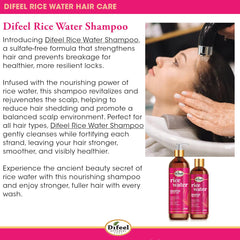 Difeel Rice Water Shampoo 1-liter bottle highlights long-lasting sulfate-free formula.