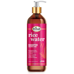 Difeel Rice Water Shampoo bottle demonstrates sulfate-free cleansing for stronger hair.