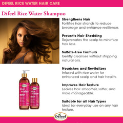 Difeel Rice Water Shampoo scalp care visual conveys balanced environment and comfort.