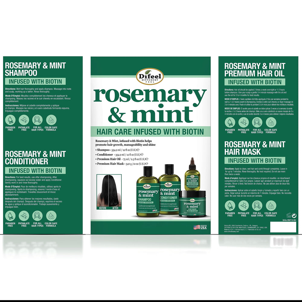 Difeel Rosemary Mint Hair Care Collection on display for daily routine.