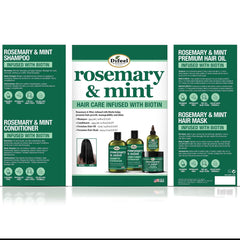 Difeel Rosemary Mint Hair Care Collection on display for daily routine.