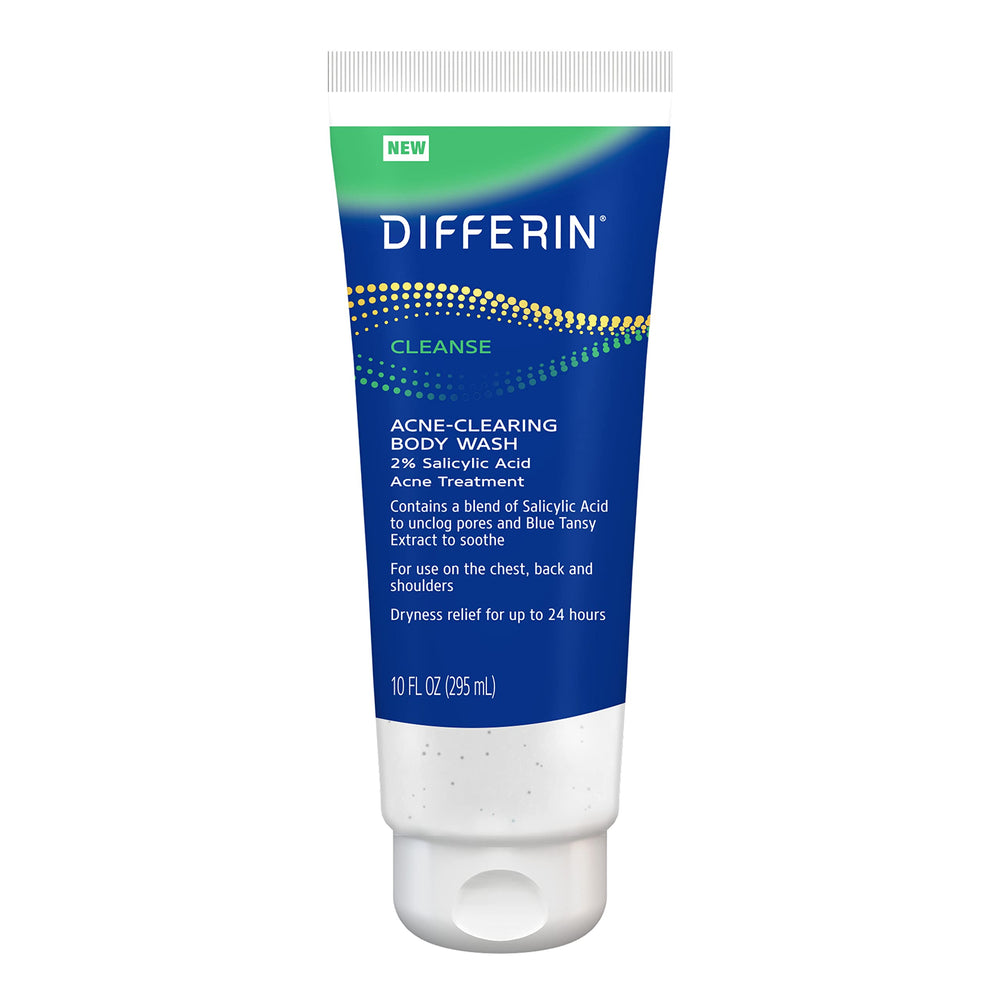 Differin Acne Body Wash back view showing deep cleansing for clear pores