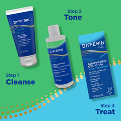Morning and night skincare routine with Differin Toner for daily gentle use.