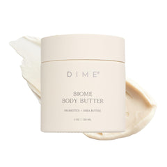 DIME Biome Body Butter jar with whipped texture for deep hydration and non-greasy finish.