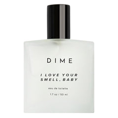 DIME Beauty I Love Your Smell Baby bottle closeup, fresh daily wear fragrance.