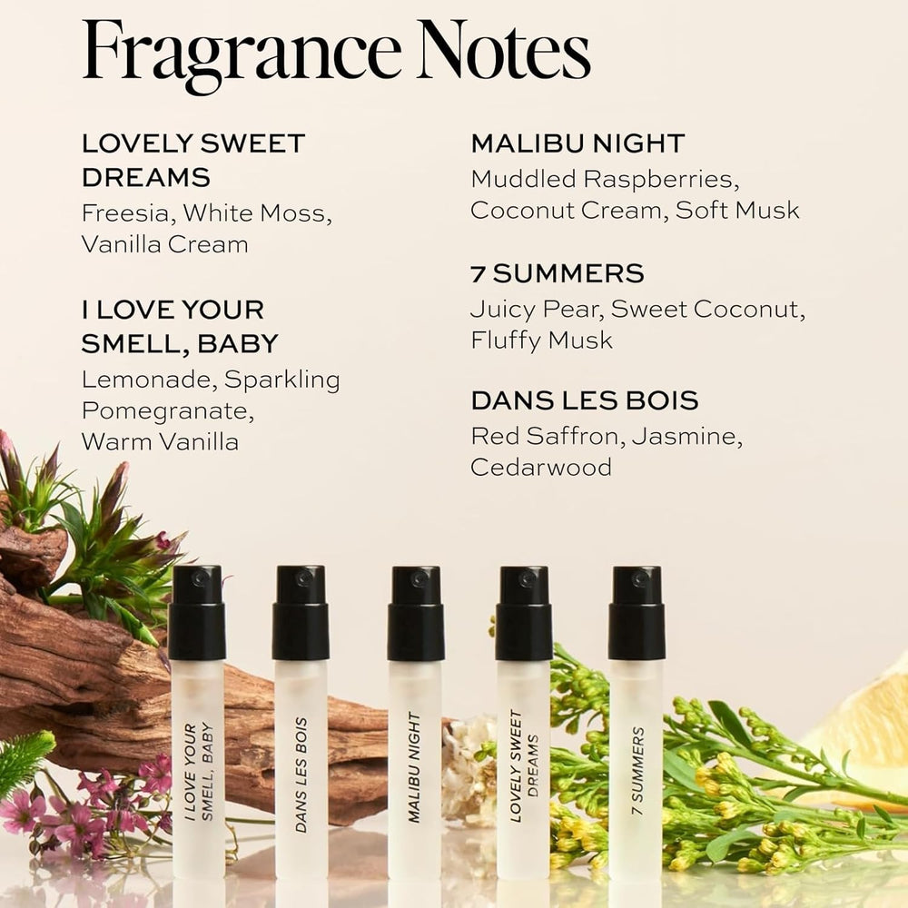 DIME Beauty perfume sampler bottle layout displaying five scents