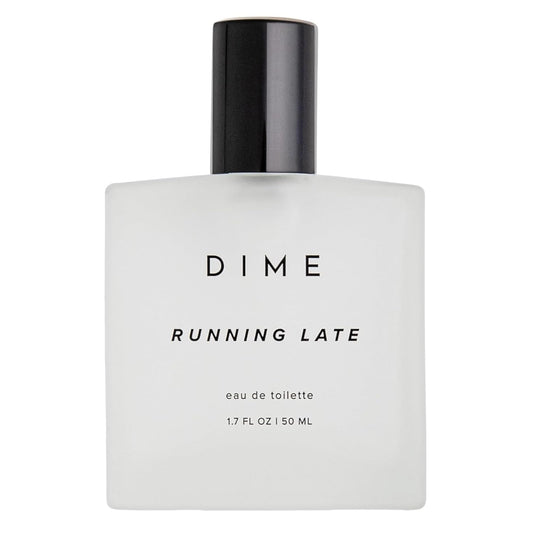 DIME Running Late perfume bottle front view, crisp scent ready to refresh your day
