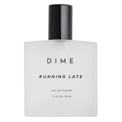 DIME Running Late perfume bottle front view, crisp scent ready to refresh your day