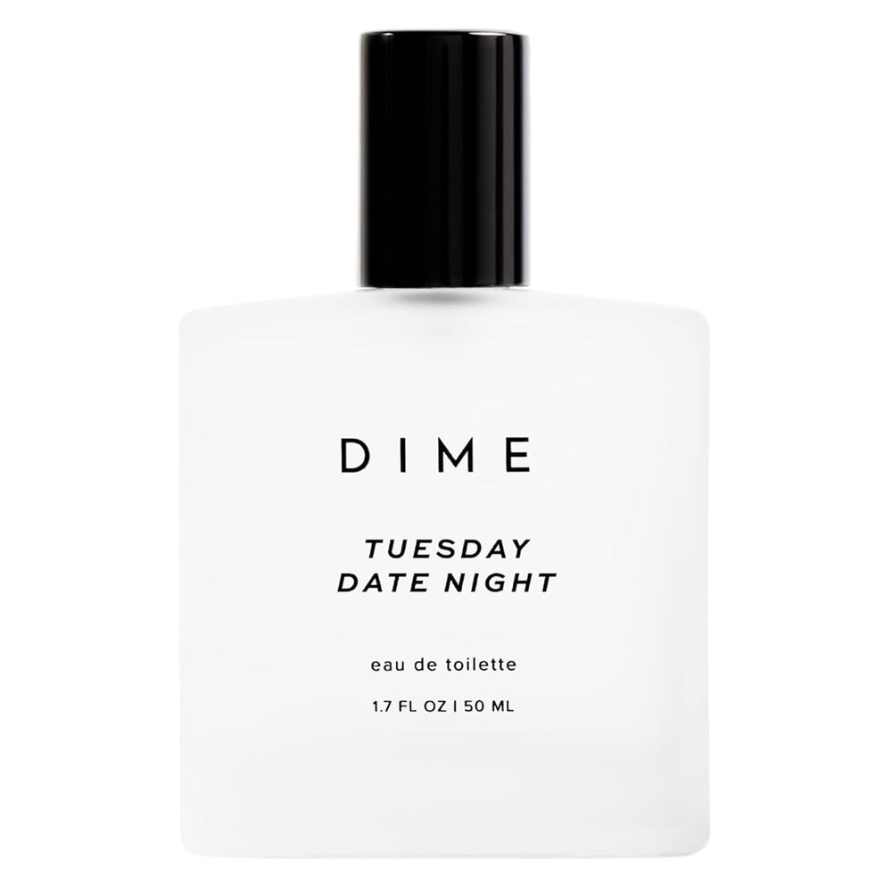 DIME Beauty Tuesday Date Night Perfume bottle showing warm woody musk for elegant evenings.