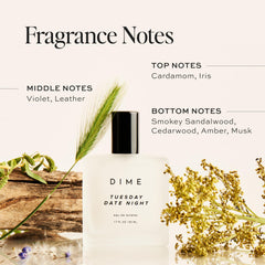 DIME Beauty Tuesday Date Night Perfume bottle top notes with iris and cardamom for a vibrant opening.