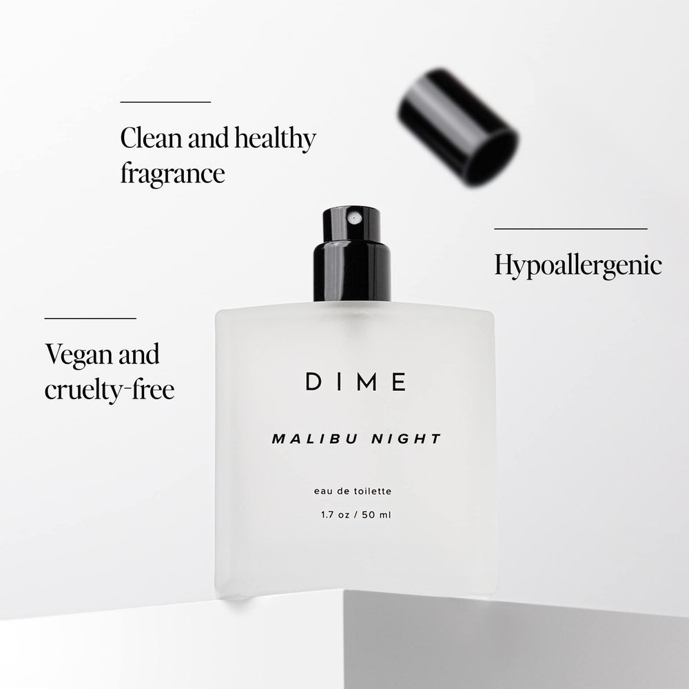 DIME Malibu Night packaging emphasizes sustainable box design and clean scent.
