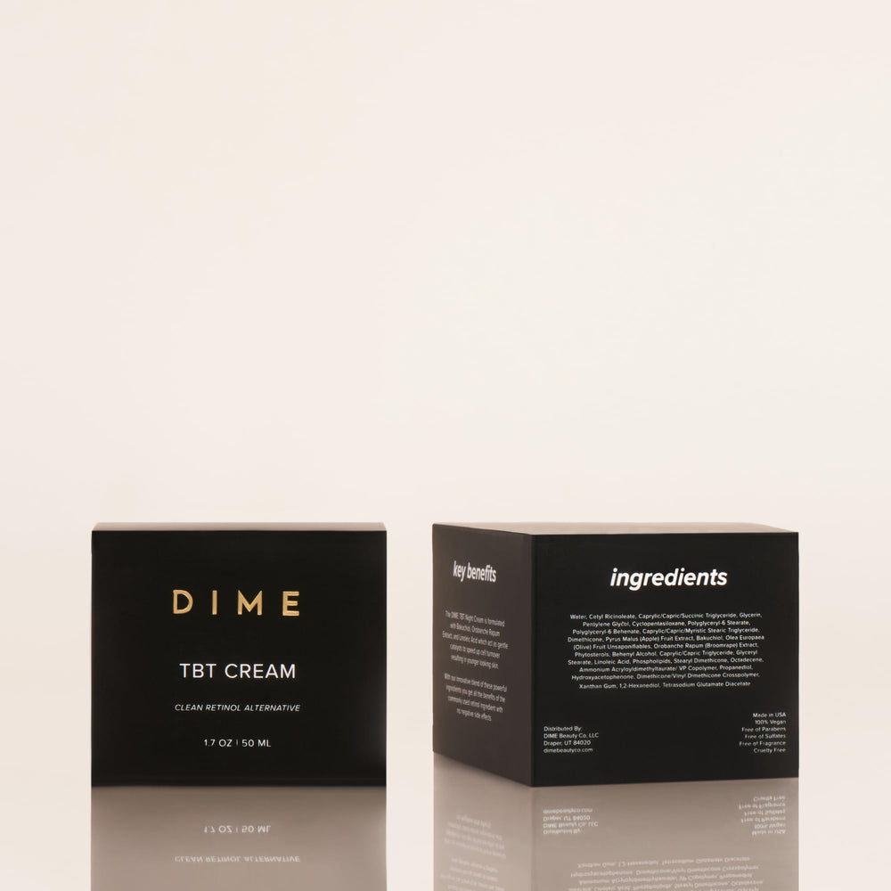 DIME TBT Cream box and jar set for nightly skincare regimen.